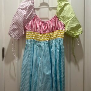 Staud Colorful Striped Puff Sleeve Dress